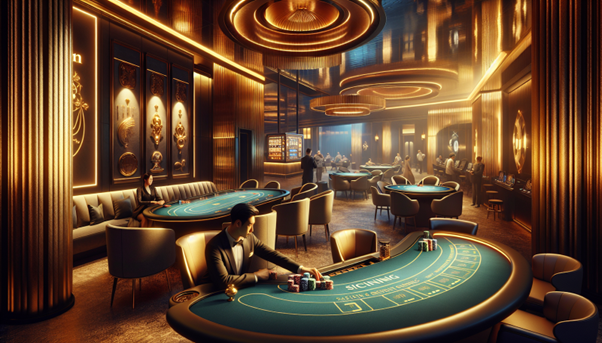 en bild av ett casino i gyllende färger med en croupier vid ett blakcjack bord 